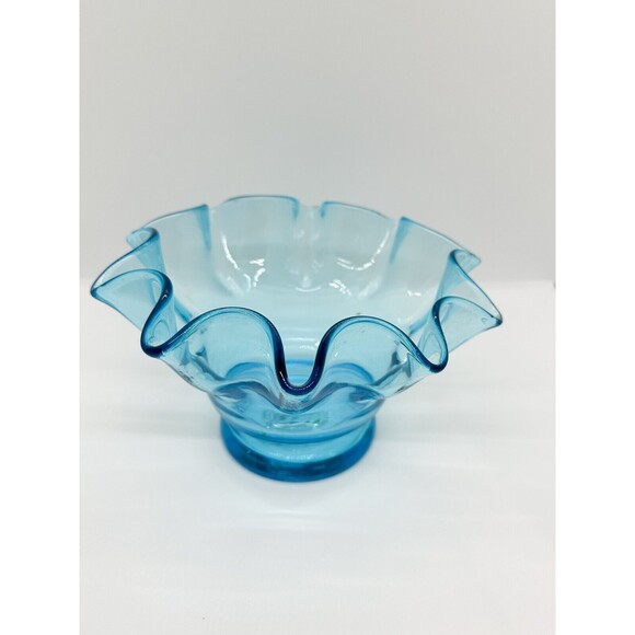 Handblown Glass Bowl Ruffle Edge Blue Candy Dish Aqua Vase Planter Handmade - Picture 4 of 9